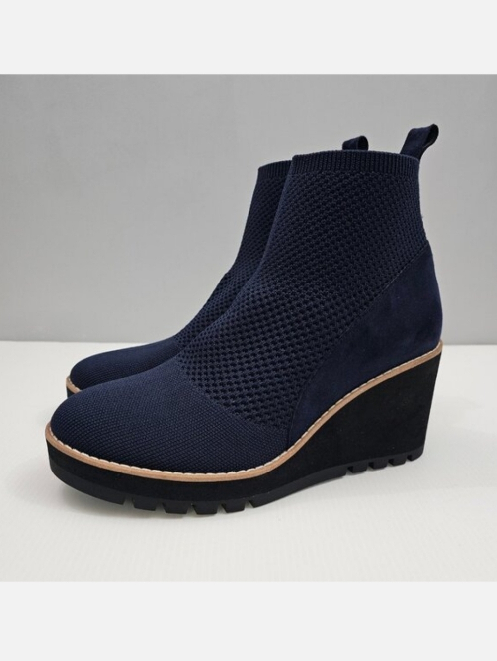 Eileen Fisher Quill Wedge Ankle Bootie Womens 8.5 Blue Knit Suede Platform NEW